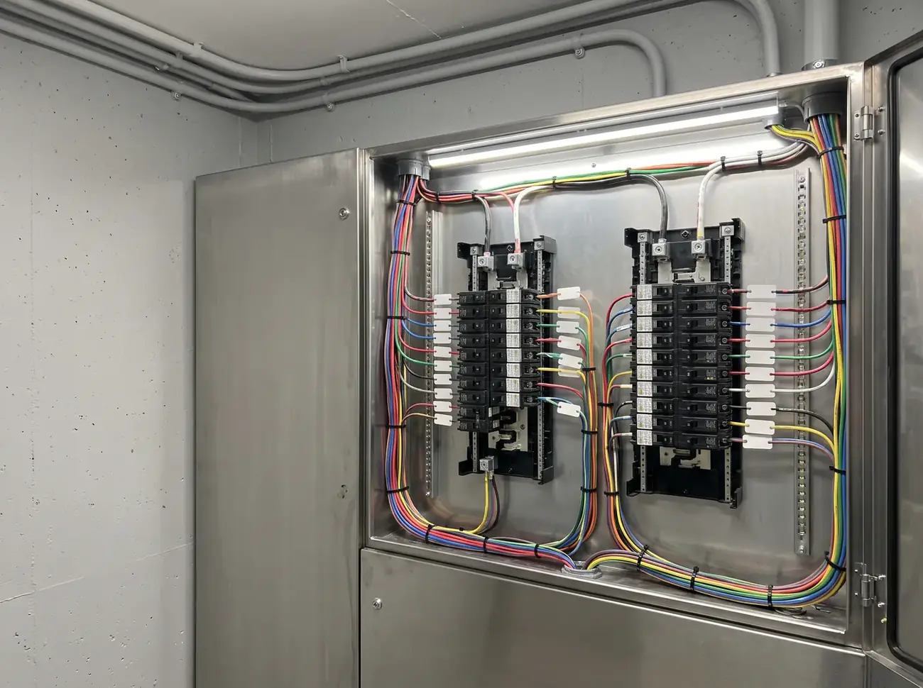 After photo of the same panel neatly rewired and organized