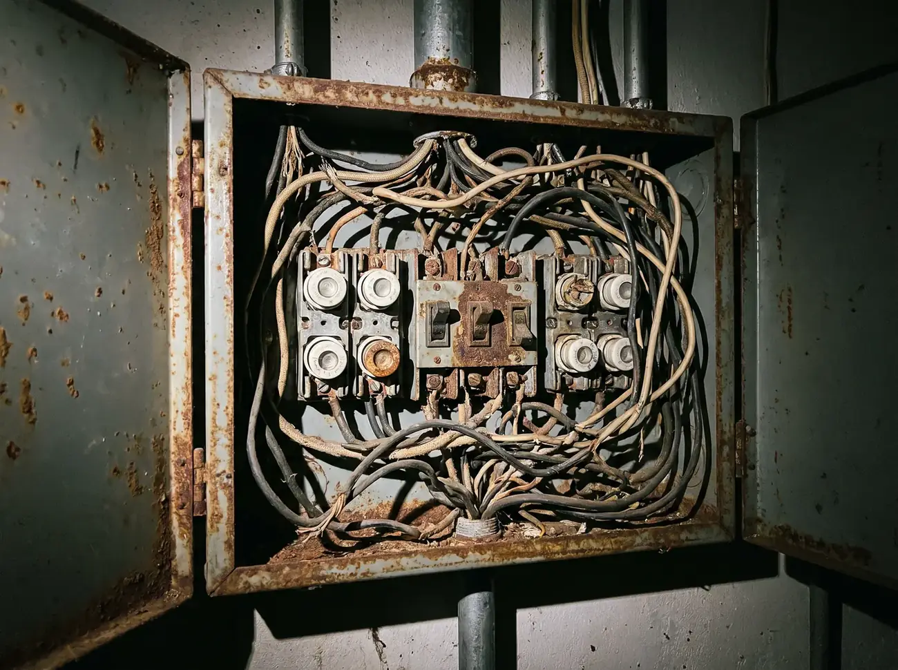 Before photo of an old, disorganized electrical panel with tangled wiring