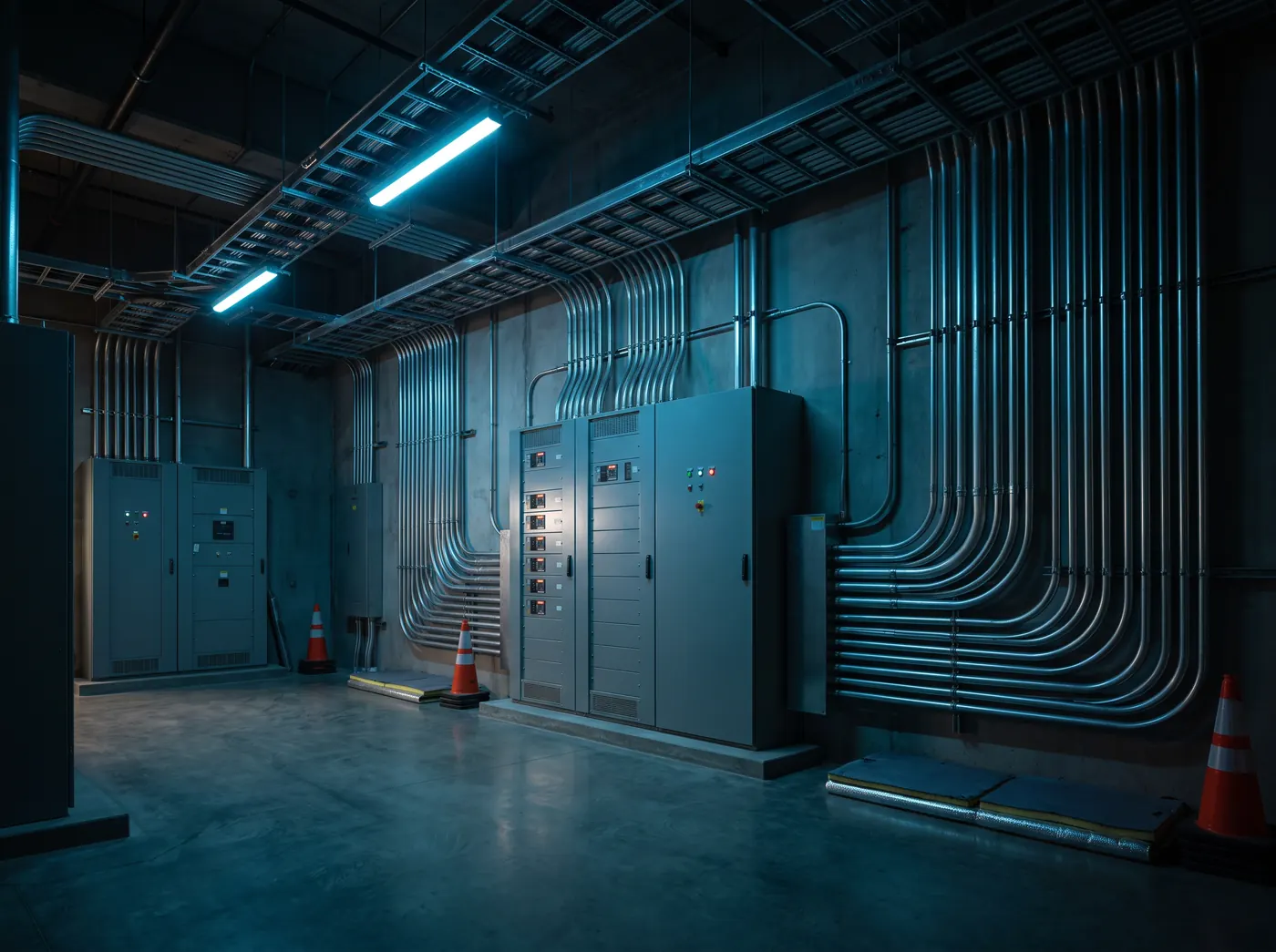 Commercial electrical room with organized conduit and panel boards