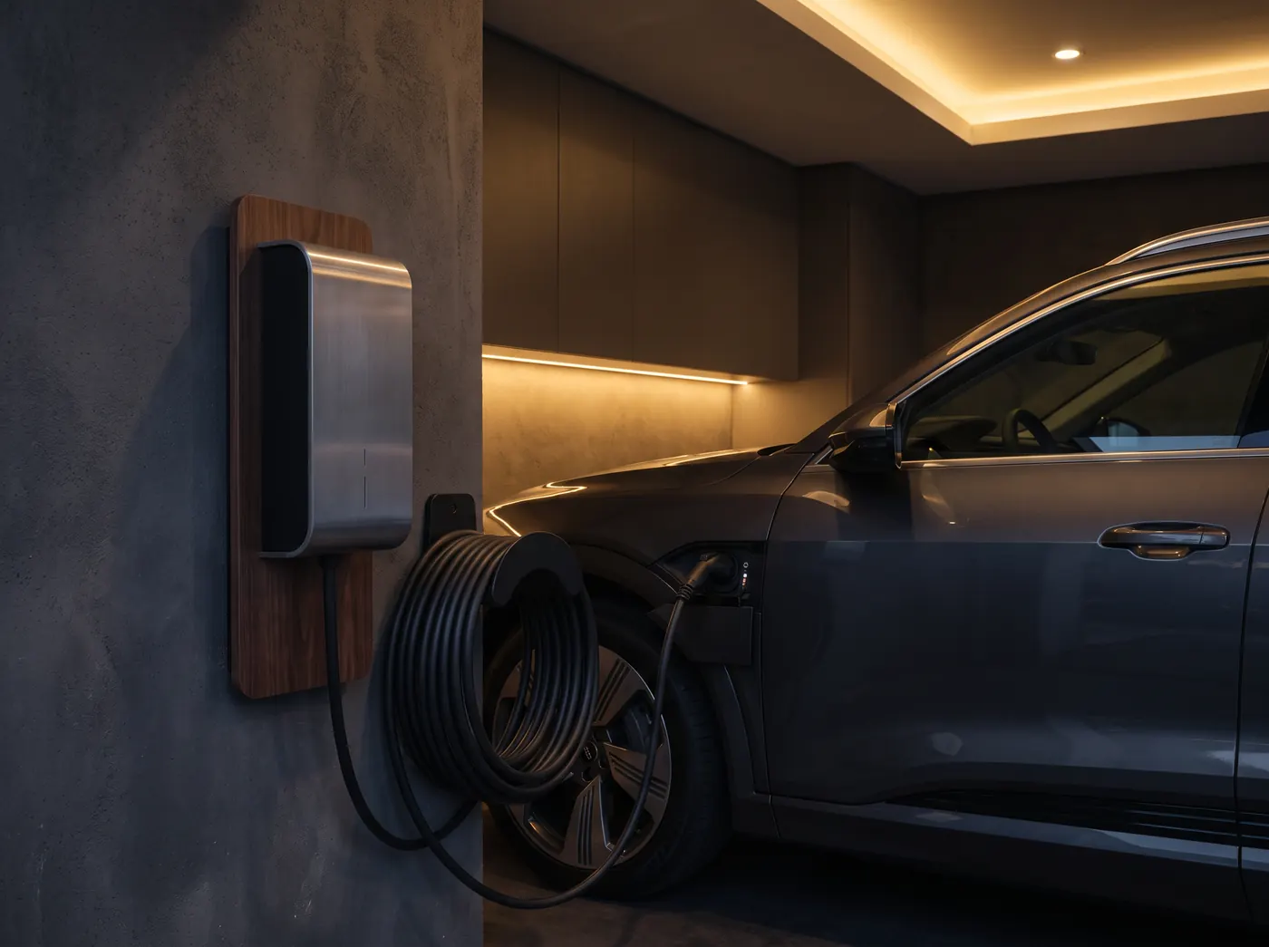EV charging station professionally installed in a home garage