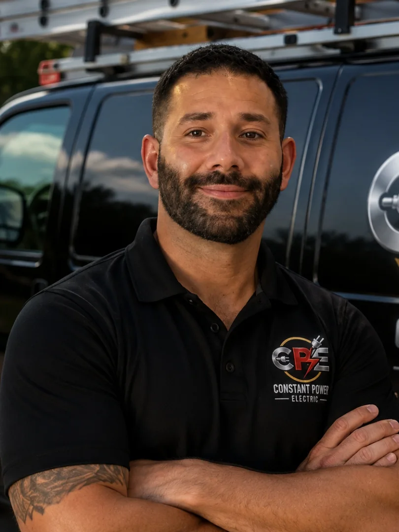 Mark, owner and licensed electrician of Constant Power Electric, standing in front of his service van in Commack, NY