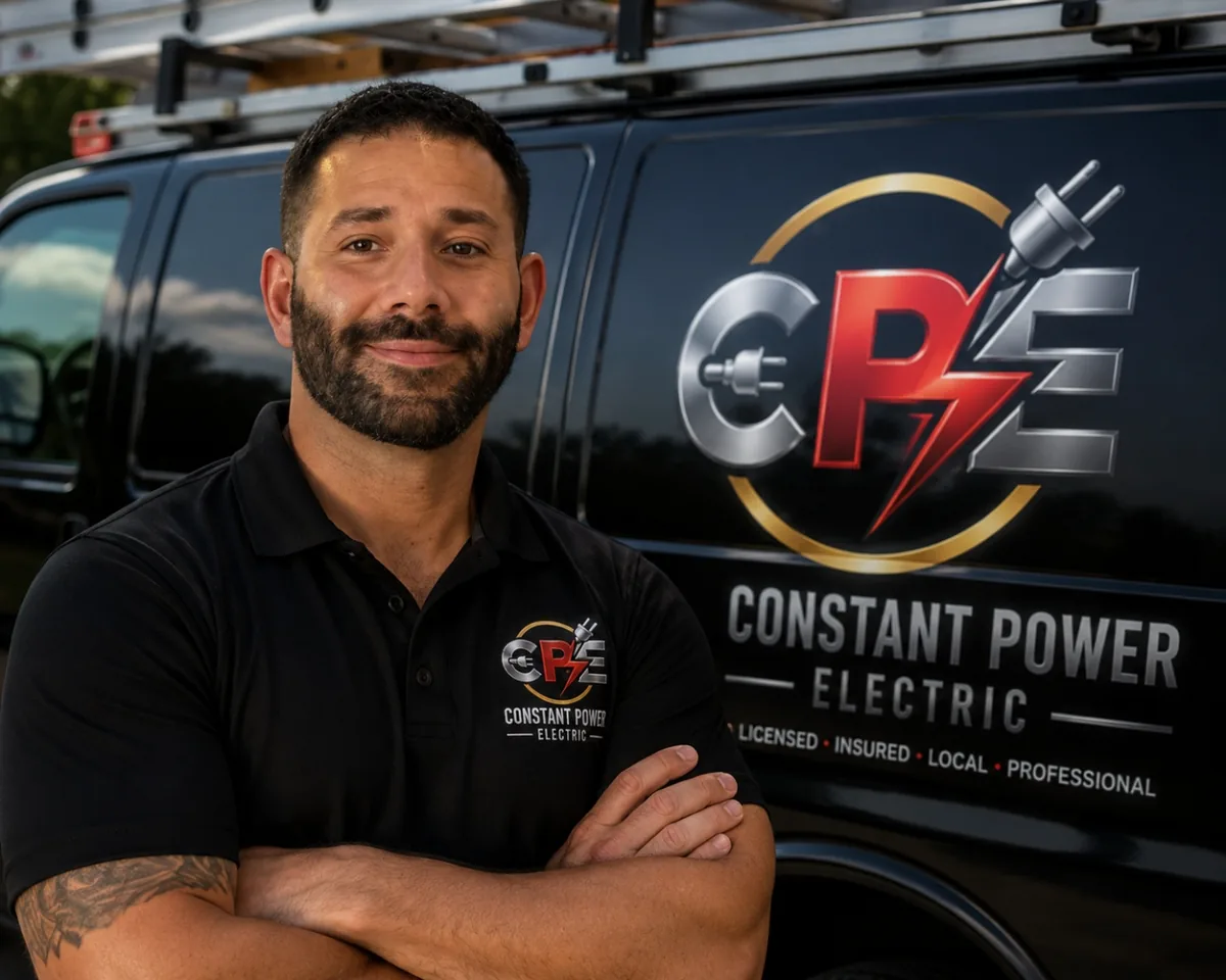 Mark, owner of Constant Power Electric, standing in front of his branded service van